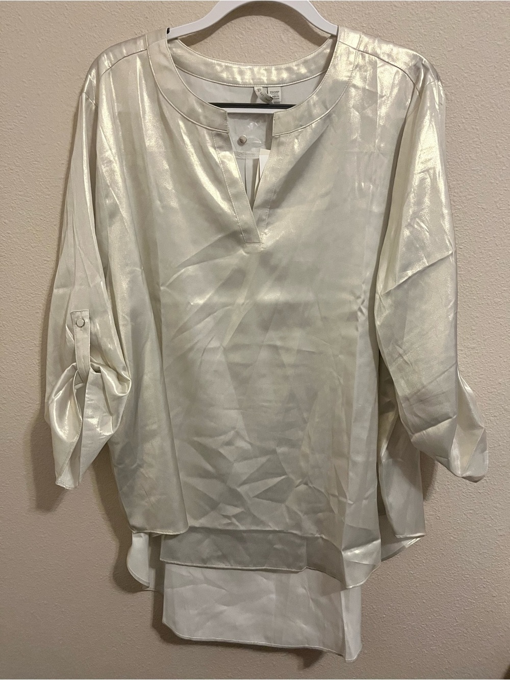 Cato Cream Satin Split-Neck Roll-Tab Blouse